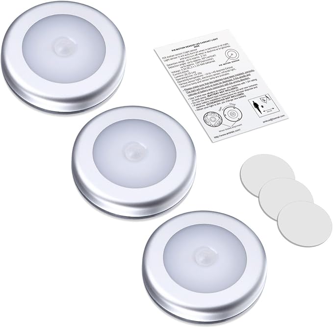 AMIR Upgraded 3.15” Motion Sensor Light, 3 Pack Battery-Powered LED Night Light, Closet Lights Stair Lights, Puck Lights, Safe Lights for Hallway, Bathroom, Bedroom, Kitchen (Silver - Warm White)