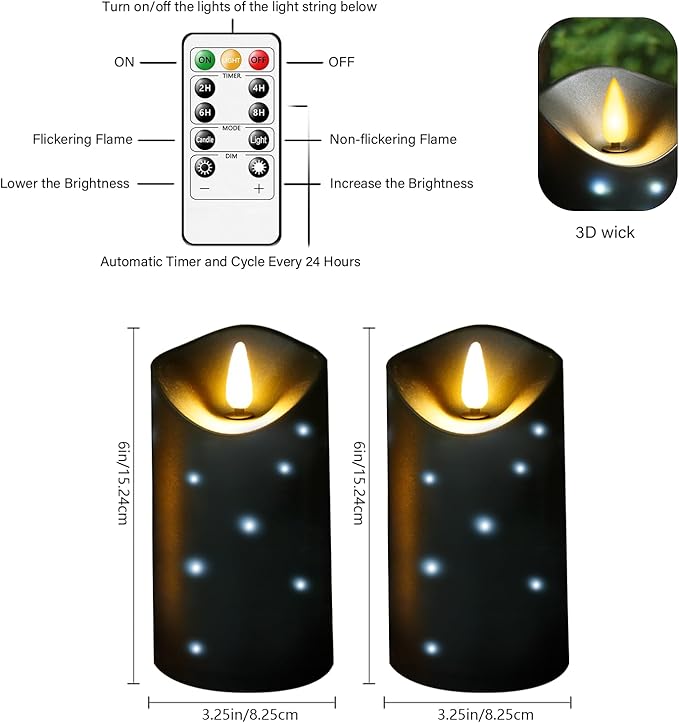 Outdoor Waterproof Flickering Flameless Candles with Embedded Star String,2Pcs LED Pillar Candles Battery Operated with Remote and Timers for Courtyard,Porch,Camping,Holiday Decoration(Black)