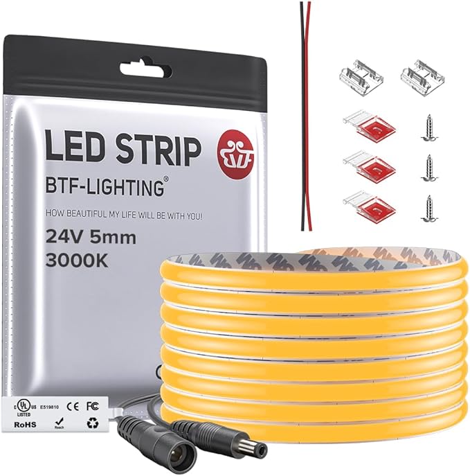 BTF-LIGHTING FCOB COB 5mm Width UL Listed Super Narrow Flexible Uniform Light LED Strip 16.4FT DC24V 3000K CRI 90+ Dimmable LED Ribbon for Kitchen Home Indoor Decoration(No Adapter or Controller)