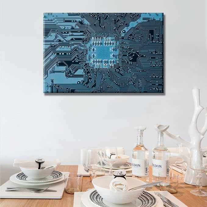 LSIUHWUWI Canvas Wall Art for Living Room Electronic PC Blue Electronic Circuit Wall Art CPU Concept Vault Door and Binary Code Inside Home Decor Electronic Board Picture Ready to Hang 16X24 INCH