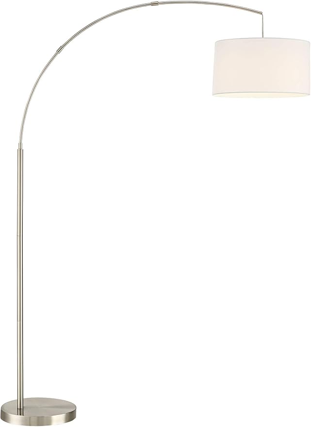 360 Lighting Cora Modern Arched Task Floor Lamp Standing 72" Tall Brushed Nickel Silver Off White Linen Fabric Drum Shade for Living Room Reading House Bedroom Home Decor