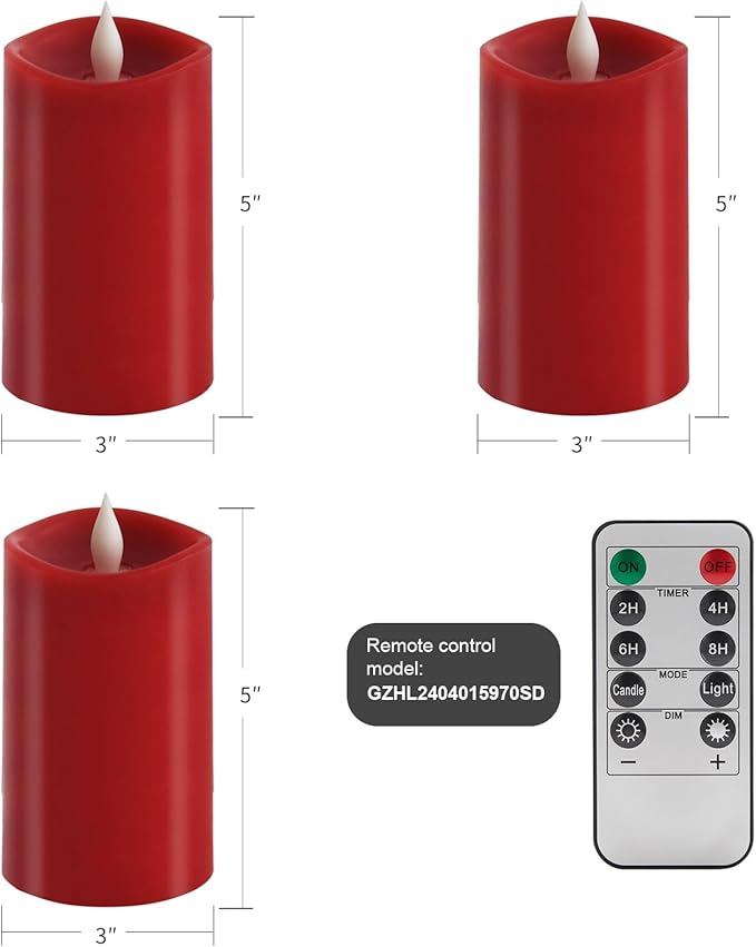 3x5 Flickering Flameless Candles Set of 3, 2AA Battery Life 600 Hours Battery Candles Flickering with Timer,5 inch Flameless Candles with Remote for Indoor/Outdoor, Red