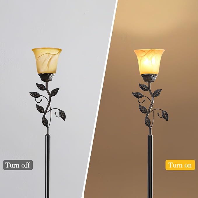 RORIANO 72” Flower Farmhouse Floor Lamp for Living Room, Unique Rustic Leaf Tall Standing Lamp with Amber Glass Shade and Traditional Foot Switch for Bedroom, Corner, Office, Bulb Included (Bronze)