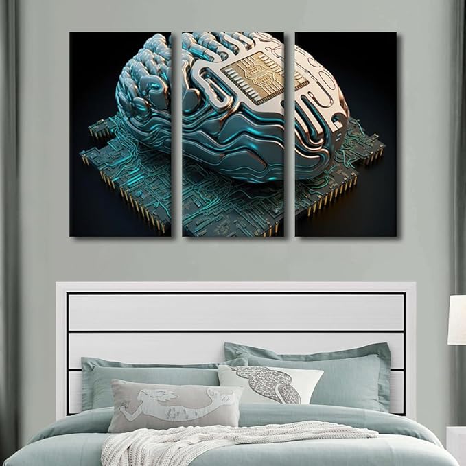 Wall Art for Living Room, Brain and Computer Chip Print on Canvas Wall Art for Living Room Bedroom Wall Decoration, 3 Piece AI Canvas Artwork Wooden Framed Stretched, 60" Wx40 H