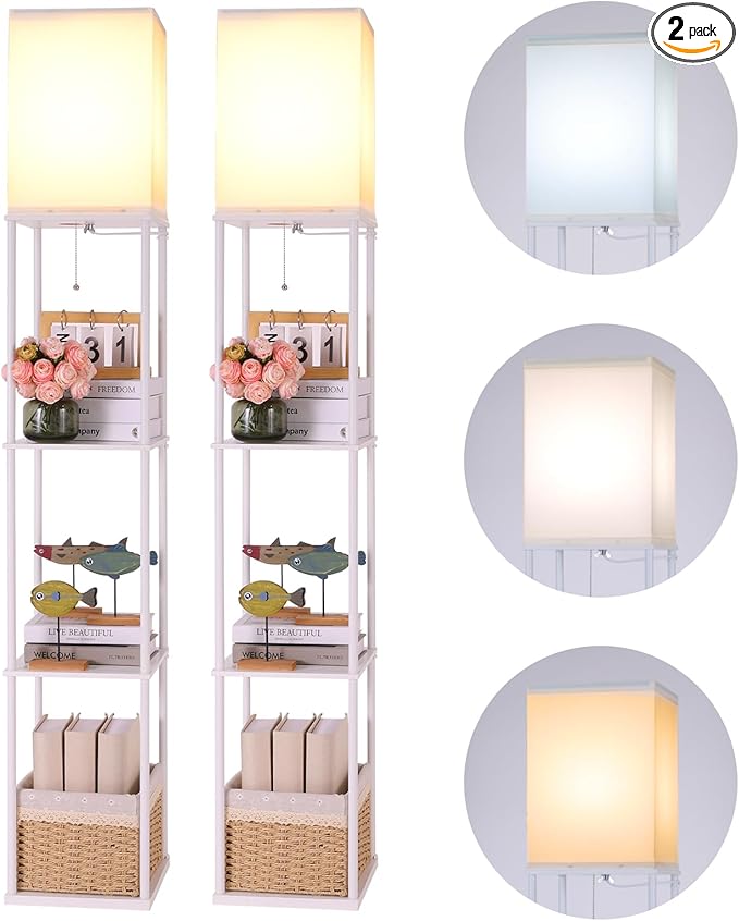 Floor Lamp with Shelves, 4 Layer Square Standing Lamp with 3 Color Temperature Bulb, Corner Display Bookshelf Lamp for Living Room, Bedroom and Office（White-2 Packs）