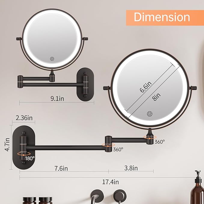5000mAh Rechargeable Wall Mounted Lighted Makeup Vanity Mirror Double Sided 1X 30X Magnifying Bathroom Mirror, 3 Color Lighting, Touch Dimming, Extended Arm 360 Rotation Light up Mirror Antique Bronze