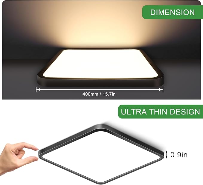 15.7Inch 32W Square LED Ceiling Light Fixtures Flush Mount, 2800K Warm White LED Ceiling Lamp, Surface Mount Modern Ceiling Lights, Black Slim Flat Panel Lighting for Bedroom, Kitchen, Bathroom