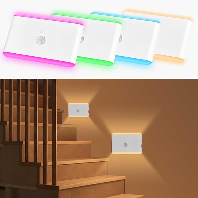 LAVAED Motion Sensor Night Light Indoor,RGB Charging Cordless Stair Lights,LED Wireless Step Light 500mAh Rechargeable Battery Operated Stick On Light for Hallway,Kitchen,Closet,Cabinet,Bedroom(4pack)