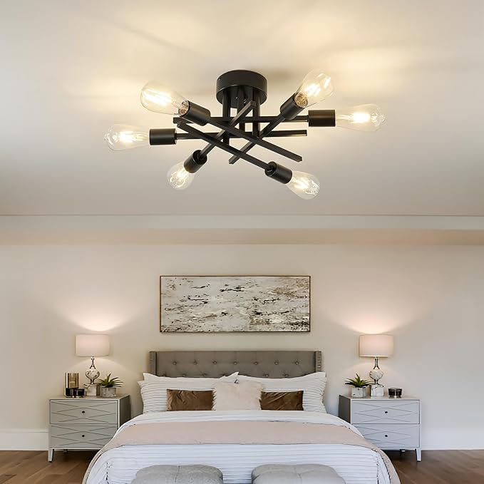 Semi Flush Mount Motion Sensor Ceiling Light Fixture，6 Lights Black Vintage Matte Sputnik Chandelier Ceiling Lamp with E26 Bulb Base for Farmhouse Dining Room Living Room Bedroom Study Kitchen