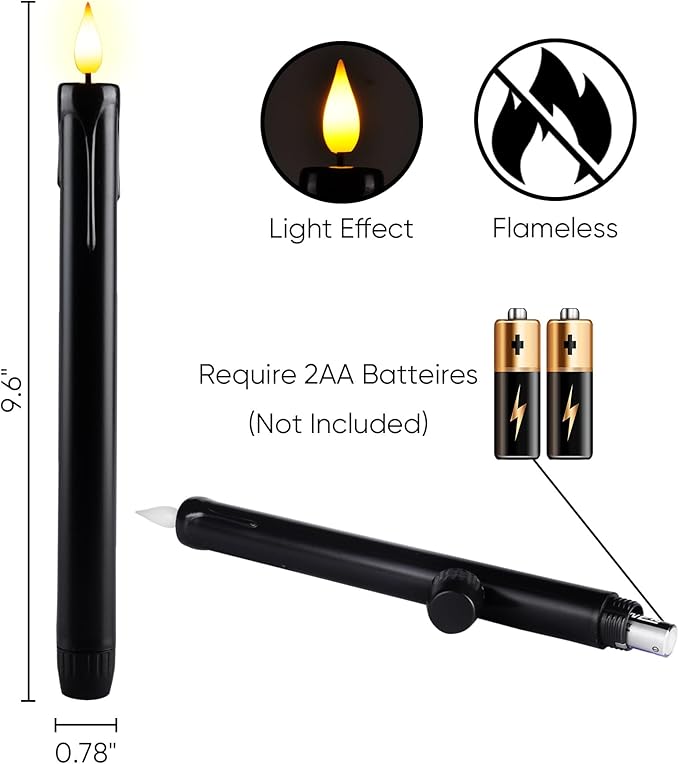 Homemory Black Flameless Taper Candles Flickering, NO Remote, 9.6 Inches Battery Operated, 6 Pcs Realistic Electric LED Candlesticks Made of Plastic for Halloween Party Home Decor