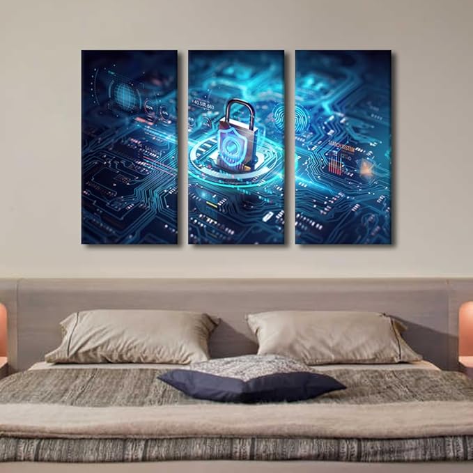 TUMOVO Wall Pictures for Living Room 3 Panels Modern Wall Art Motherboard Closeup and Safety Lock with Login and Connecting Verified Credentials Poster for Home Wall Decorations, 42" Wx28 H