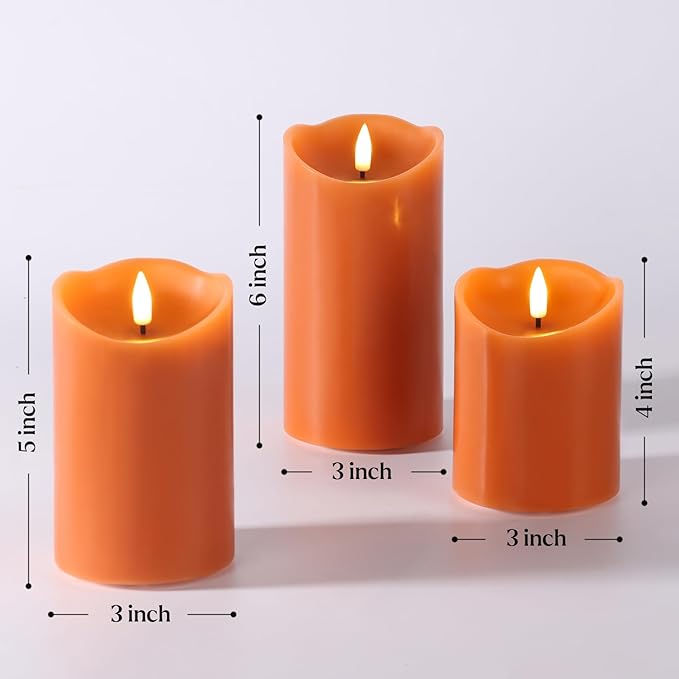 Eywamage Orange Flameless Pillar Candles with Remote, Flickering Real Wax LED Battery Candles Home Table Decor Set of 3