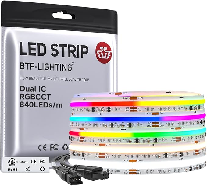 BTF-LIGHTING WS2811 Dual IC RGBCCT FCOB COB LED Strip,UL Listed High Density Chasing IC RGB Light+Tunable White 3000K-6000K,16.4FT 840LEDs/m,10mm Width IP30 DC24V 3M Tape(No Adapter or Controller)