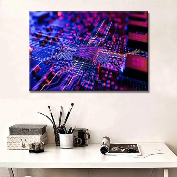 LSIUHWUWI Circuit Board CPU Processor Canvas Wall Paintings Office Decor Circuit Board Wall Decor CPU Concept Wall Art Computer Chip Home Decor Wooden Framed Ready to Hang 16X24 INCH