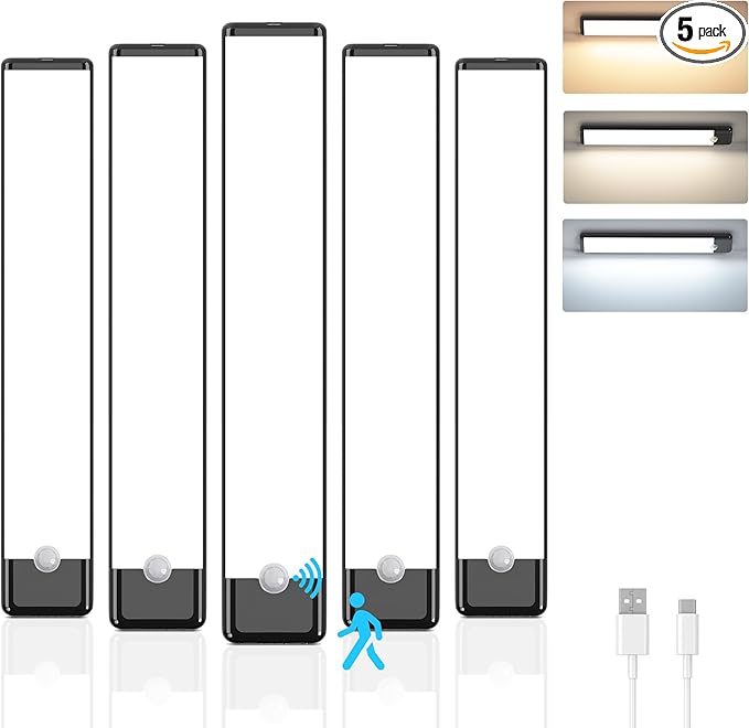 5-Pack Motion Sensor Under Cabinet Light, 3 Color Temperature Dimmable Rechargeable Magnetic Closet Light 7.9 inch Wireless Under Counter Light, Black