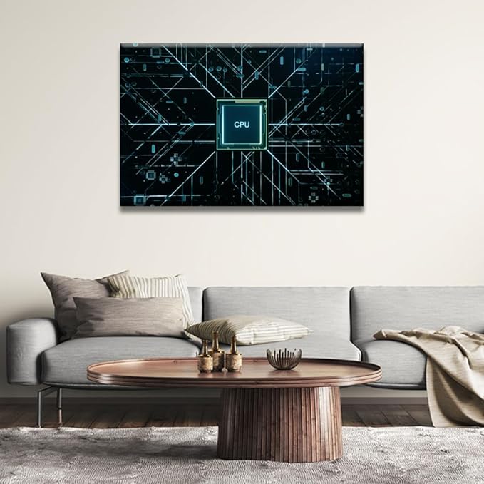 LSIUHWUWI CPU and Circuit Board Wall Art Painting for Living Room Decor Flying CPU and Installation in Center Circuit Board Canvas Prints Artwork Wall Decor Large Size Framed Ready to Hang 24x36 INCH