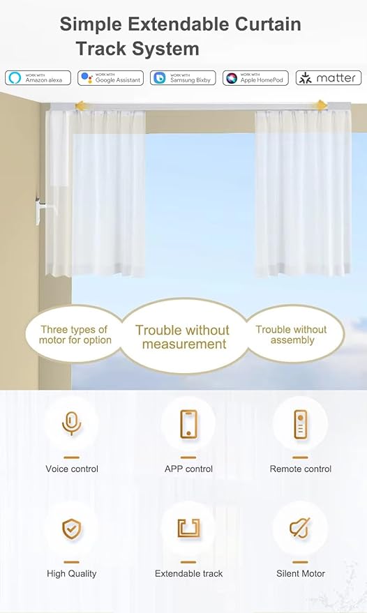 Matter over WiFi Smart Curtain Motor with Retractable Track, 2.5N.m High Torque Automatic Drapery Opener, Compatible with HomeKit, Alexa, Google Home (2.5-4.5 meters (98.4-177.1 inches) Adjustable)