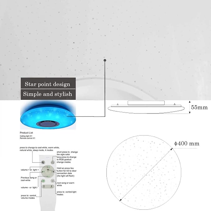 Upgrade WiFi Music Ceiling Light with Bluetooth Speaker and Remote Control, 15 inch Dimmable Ceiling lamp Compatible with Alexa and Google Home 36W RGB Family Party Lights for Bedroom Living Room