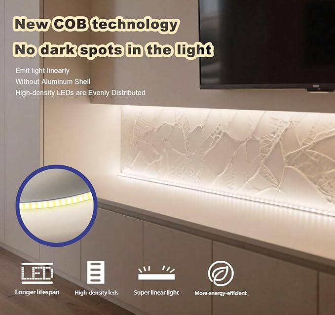 50ft 4000K DC 24V COB LED Strip Light ETL Listed, 0-100％ Brightness Dimmable Bright Warm White Led COB Strip Light, Led Strip Light for Stair, Cabinet, Room(Include AD/DC Adapter and Remote)
