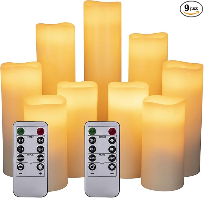 Flameless Battery Operated Led Candles-Set of 9(H 4" 5" 6" 7" 8" 9" x D 2.2") Real Wax Flickering Pillar LED Electric Candles with 10-Key Remote and 24 Hours Timer Ivory