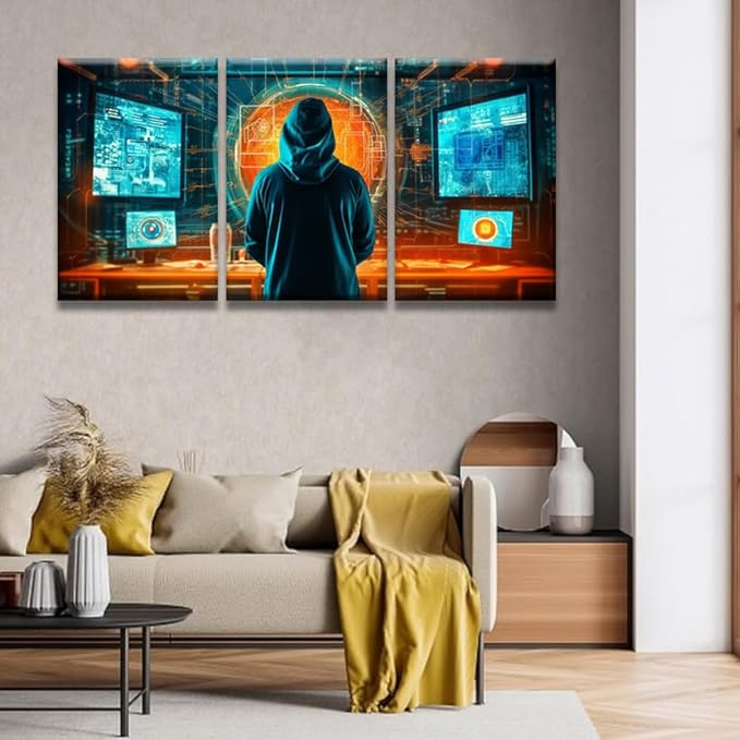 LSIUHWUWI Wall Art for Living Room 3 Panel Cybersecurity, Phishing, Cybercrime Pictures Posters Contemporary Wall Decor for Home Office Hotel Wall Wooden Framed Ready to Hang 16x24inchx3