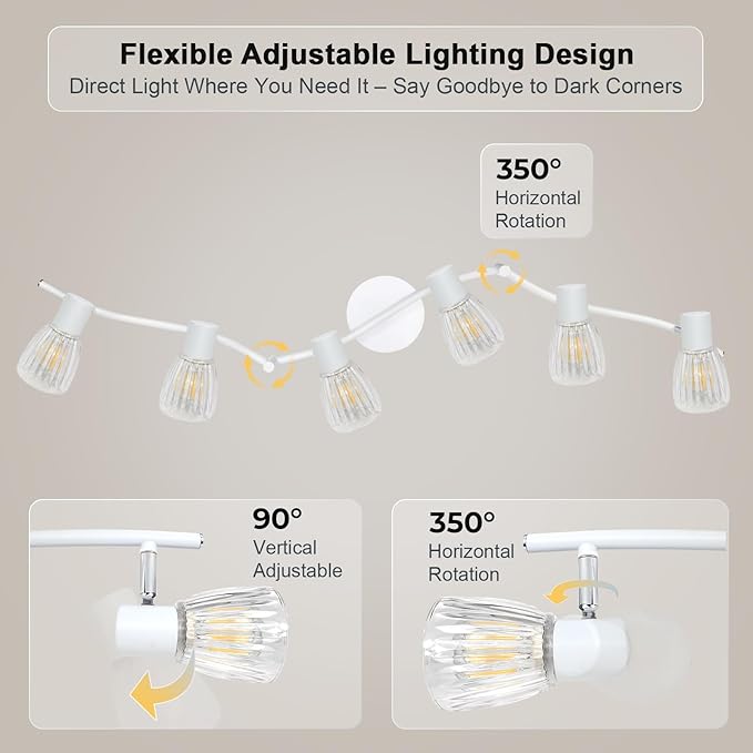 HiBay 6-Light Track Lighting, Flexible Modern Ceiling Light Fixture White w/Glass Shades, Flush Mount Ceiling Wall Track Spot Lights Indoor for Kitchen, Living Room, Bedroom, E12 Base, No Bulbs