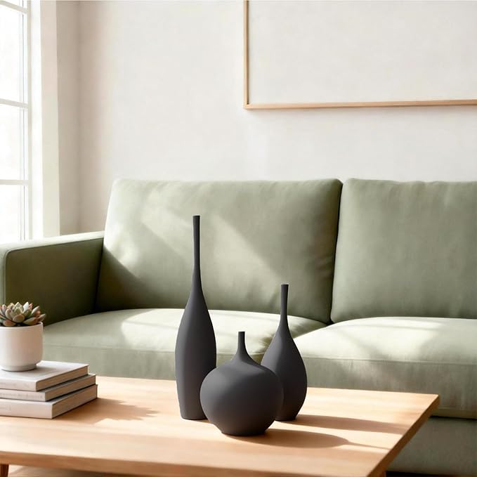 Black Ceramic Vase Modern Boho Wabi-Sabi Flower Vase Set of 3 Decorative Aesthetic Vases for Centerpieces Matte Minimalist Vases for Living Room Table Shelf Home Decor Gift