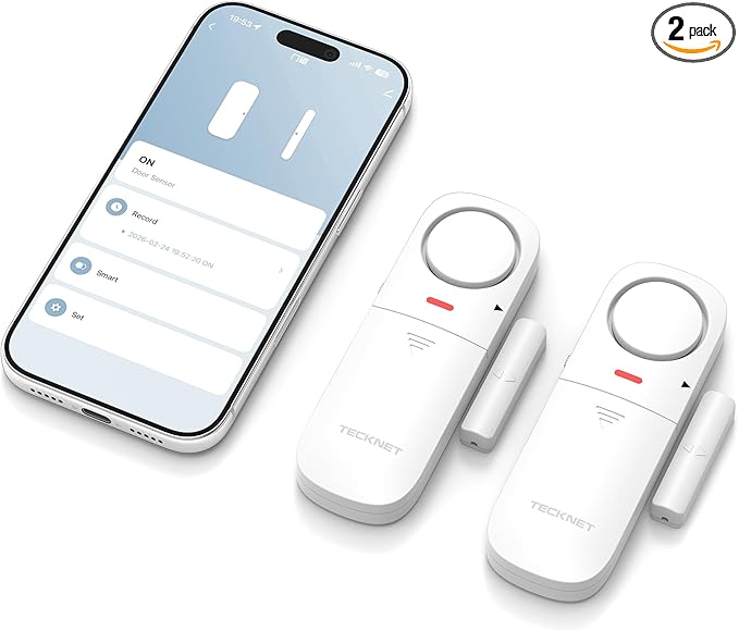 TECKNET Door Alarms When Opened, 2.4G WiFi Smart Door Sensor Alarm & Chime, App Alerts, Door Alarms for Kids Safety, Wireless Window Alarms for Home Security Systems for House, Pool, Sheds, 2 PCS