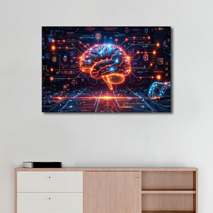 Artificial Intelligence Brain Data Analysis Paintings Wall Art Futuristic Technology Posters and Prints Frame Neural Network Pictures for House Wall Decor AI Art Wall for House 24"Wx36"Hx1 Panel