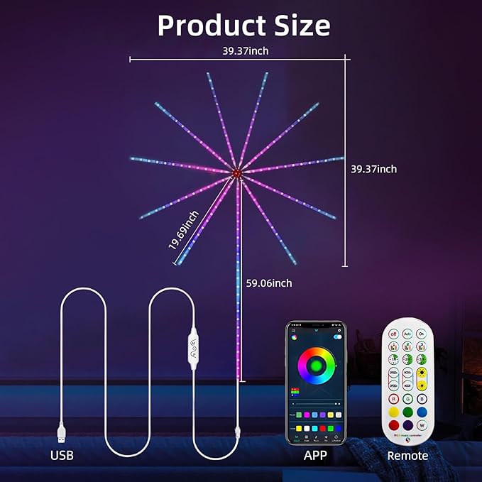 WiFi Bluetooth Smart Fireworks LED Light, Dream Colors LED Firework Lights Indoor with 16 Colors & 10 Lighting Modes, App and Remote Control, for Room, Party, Christmas, Festival Decor (20inchs)