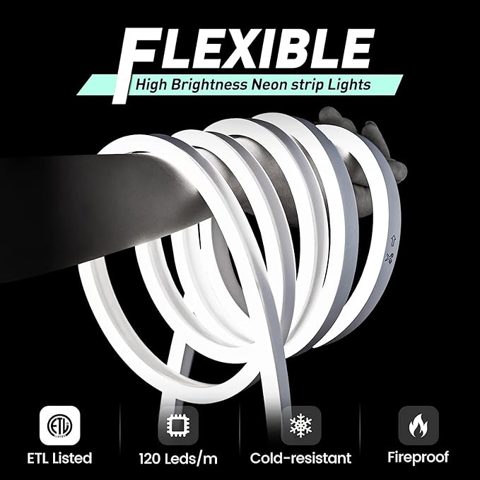 GZBtech Flexible LED Neon Rope Lights 132FT,AC 110-120V Waterproof Strip Light, 120 LEDs/M Cuttable Connectable Neon Lighting for Indoor Outdoor Home Decor/Commercial Use-Cold White 40M, ETL Listed