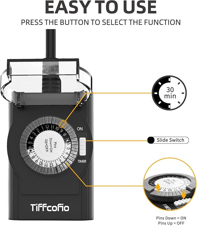 TiFFCOFiO Digital Outdoor Timer Outlet Waterproof, Dial Programmable Method, 2 Grounded Electrical Outlets for Pool Pump and Lights, 6 Sets of Programs, 15A/1875W (Mechanical, 1 Pack)