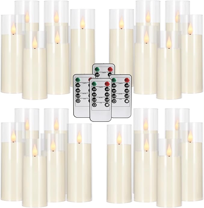 24-Pack LED Flameless Candles(14/16/18cm) with 4 Timers Remote - 3D Flickering Flame, Clear, Perfect Decor for Home & Events.