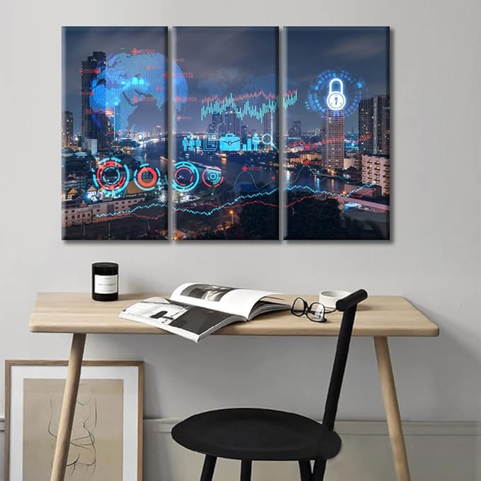 3 Panels City Night Scene as Background Hologram Paintings Modern Home Decor Smart City and Information Technology Abstract Canvas Paintings for Bedroom, Living Room Office Ready to Hang (36"Wx24"H)