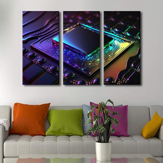 TUMOVO 3 Piece Canvas Wall Art Vibrant Colorful Computer Chip on Circuit Board Posters and Prints AI Prints on Canvas, Modern Artwork for Living Room Wooden Framed Ready to Hang, 60" Wx40 H