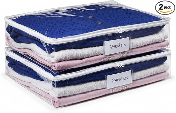 Masirs Clear Sweater Storage Bags 2-Pack – Zippered Vinyl Organizers with Label Pocket, Durable Dustproof Clothing Storage for Sweaters, Blankets, Linens, Underbed & Closet Use