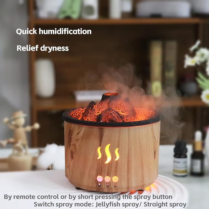 Volcano Essential Oil Diffuser with Jellyfish Mist - 260ml Ultrasonic Aromatherapy Diffuser, Color-Changing LED, Quiet Operation, Auto Shut-Off - Wood Grain Humidifier & Night Light