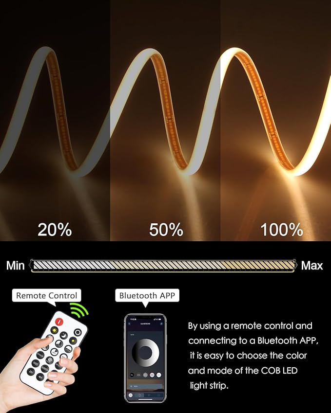 65.6FT 24V Dimmable COB LED Strip Light Waterproof Outdoor Warm White 6000K High Density 320LED/M Bluetooth Flexible LED Tape Light with Remote for Bedroom Cabinets Garden CRI90+ (20M/2roll)