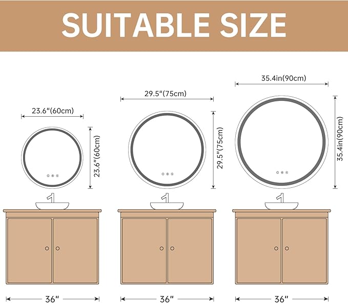 LOVESPEJO 36" Round LED Bathroom Mirror with Lights, Circle LED Mirror for Bathroom, Fogless, Dimmable, 3 Color Changing, IP54, Shatter-Proof