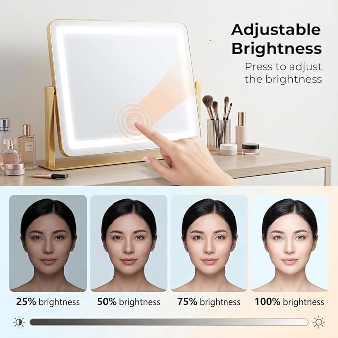 Vanity Mirror with Lights, 17''x22'' Lighted Makeup Mirror, LED Makeup Mirror, Dimmable, Smart Touch with 3-Color Lighting Modes, for Bedroom Tabletop - Gold