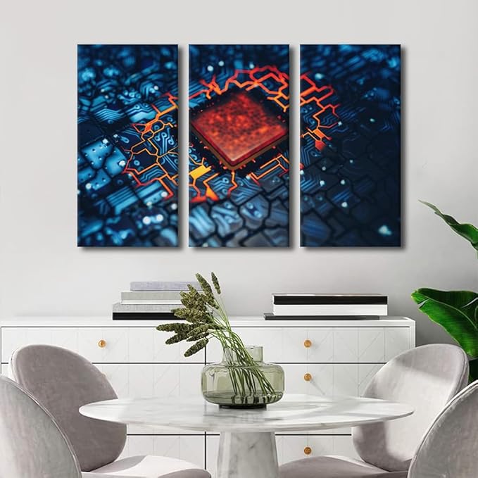 3 Panel Wall Art Motherboard Digital Chip Poster Canvas Wall Art Circuit Paintings Modern House Decoration for Living Room Boys Girls Teen for Bedroom Decor Prints Framed Ready to Hang(28"Wx42"H)