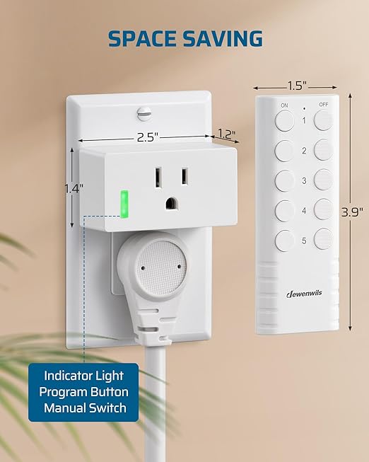 DEWENWILS 200FT Range Remote Control Outlet, No Interference Strong Signal, Indoor Wireless Outlet Switch for Lamps, Fans, Lights, 15A/1800W, ETL Listed (5 Outlets + 2 Remotes)