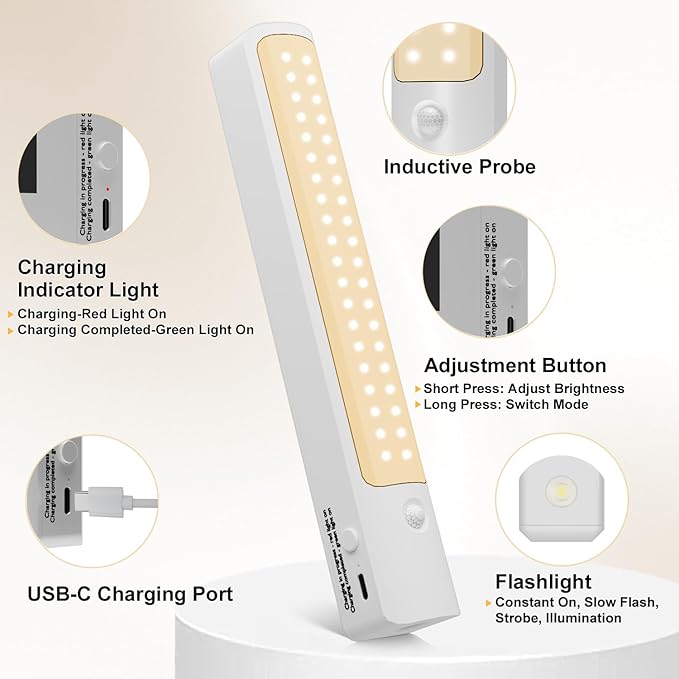 6 Pack Under Cabinet Lighting Warm, Motion Sensor Light Indoor, 2200mAh, Equipped with a 3-in-1 Charging Cable, Suitable for Stair Lighting, Easy Installation