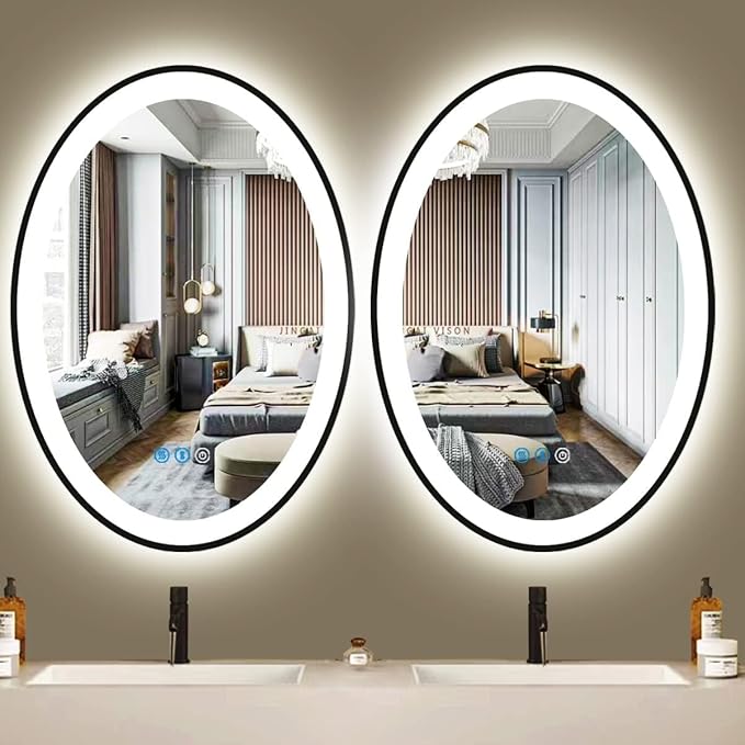 THEKLA 20 x 30 inch Black Framed Oval LED Mirror for Bathroom Wall Oval Lighted Vanity Mirror with Lights Black Frame Smart Memory 3 Color Dimmable Front Lit Anti-Fog 30" Black Ovals Light up Mirrors
