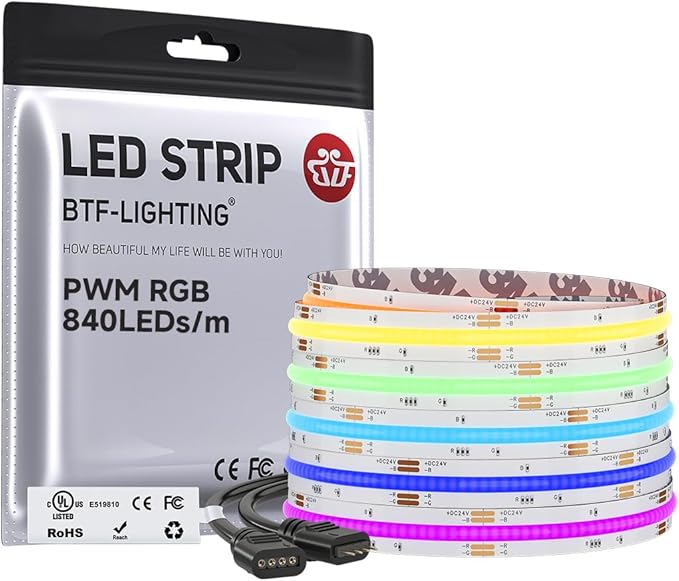 BTF-LIGHTING FCOB COB RGB LED Strip Light, UL Listed, 840LEDs/m High Density Flexible Color Changing Light, DC24V 16.4FT 10mm Width for Bedroom Cabinet Home Indoor Decor(No Adapter or Controller)