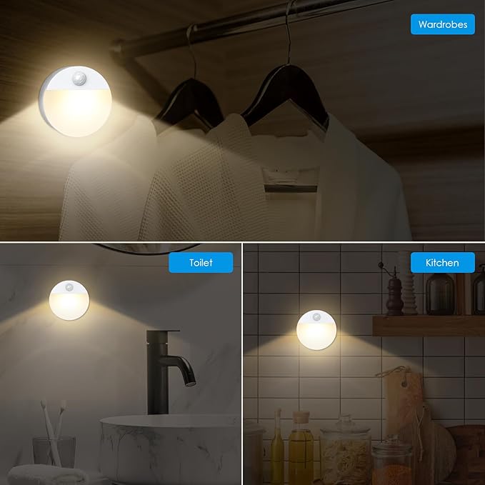 AMIR Upgraded Mini Motion Sensor Light Battery-Powered, Cordless Stick-on LED Night Light, Wall Lights, Closet Lights, Safe Light for Stairs, Hallway, Bathroom, Kitchen, Cabinet (6 PCS - Warm White)