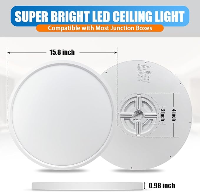 Allsmartlife Led Flush Mount Ceiling Light 2 Pack, 15.8 inch 32W 4320lm Dimmable Led Ceiling Light, 3000K/4000K/6500K, Round Led Light Fixture for Laundry Room, Hallway