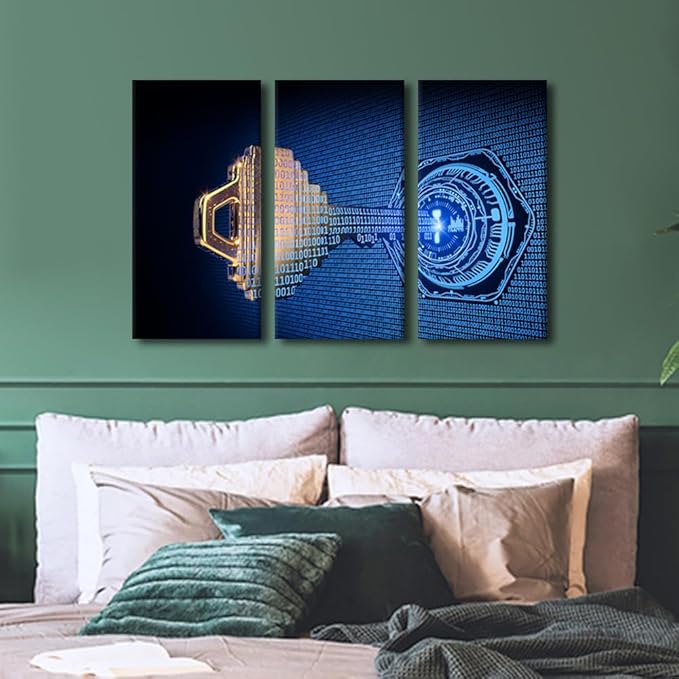 Bedroom Wall Decor 3 Panel Cybersecurity Concept Artwork Print on Canvas for Living Room Bedrooms Wall Decorations, Wooden Framed Gallery-Wrapped Ready to Hang, 36" Wx24 H
