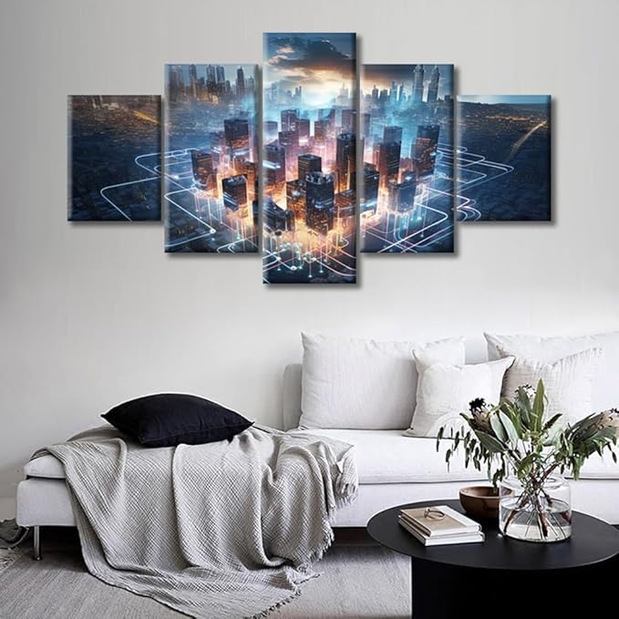 City Smart Brain Canvas Art Wall Decor Human Brain Energy Bedroom Wall Art Artificial Intelligence Concept Pictures Wall Painting for Living Room Modern Wall Art Framed Ready to Hang (60"Wx32"H)