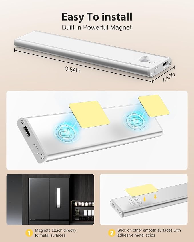 LED Under Cabinet Lighting, Battery Operated Motion Sensor Light Indoor Wireless, 3 Color Temps, USB Rechargeable Closet Light, Dimmable Under Counter Lights for Kitchen Stairs Closet Pantry, 2 Pack